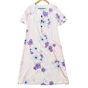 Pink Butterfly Print House Dress Pockets Retro Style Day Dress Nap Buttons